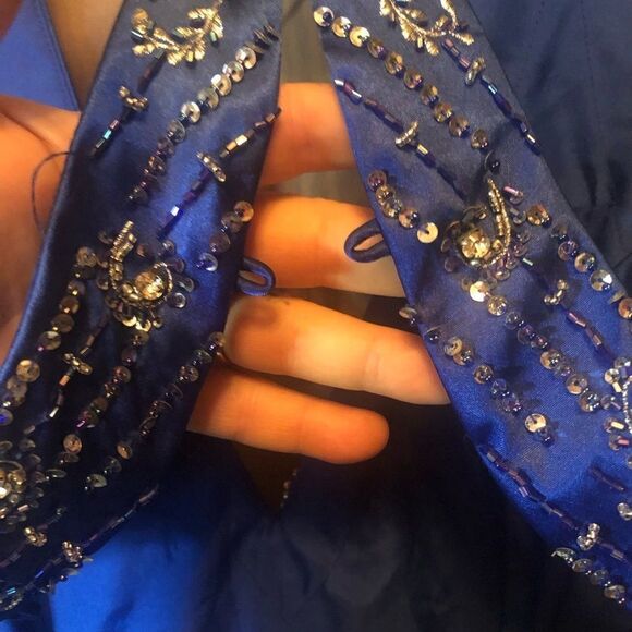 Precious formals blue halter side cut out backless dress w embellished beading. - Picture 9 of 12